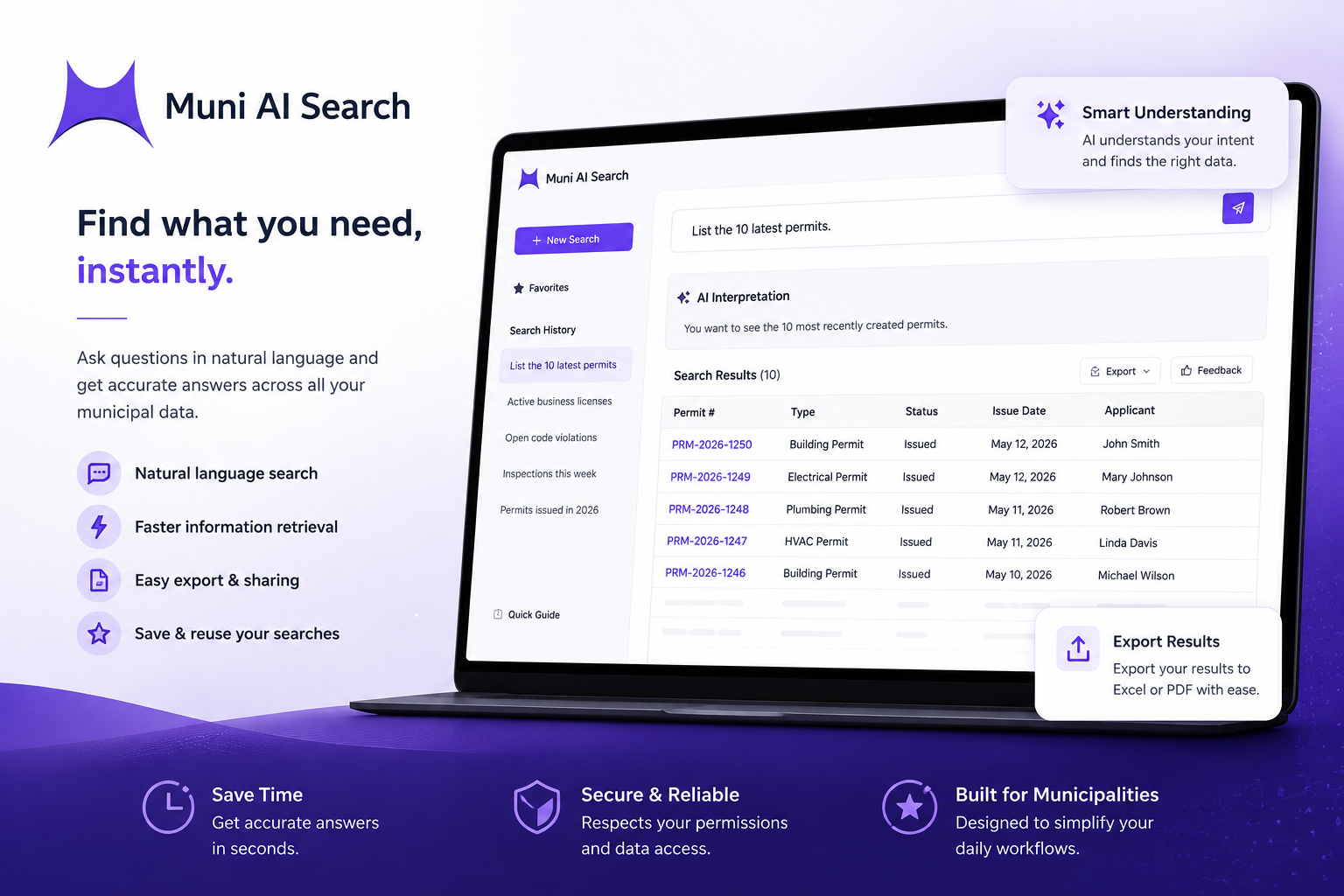 Muni AI Search - natural-language question, AI interpretation, structured results, record links